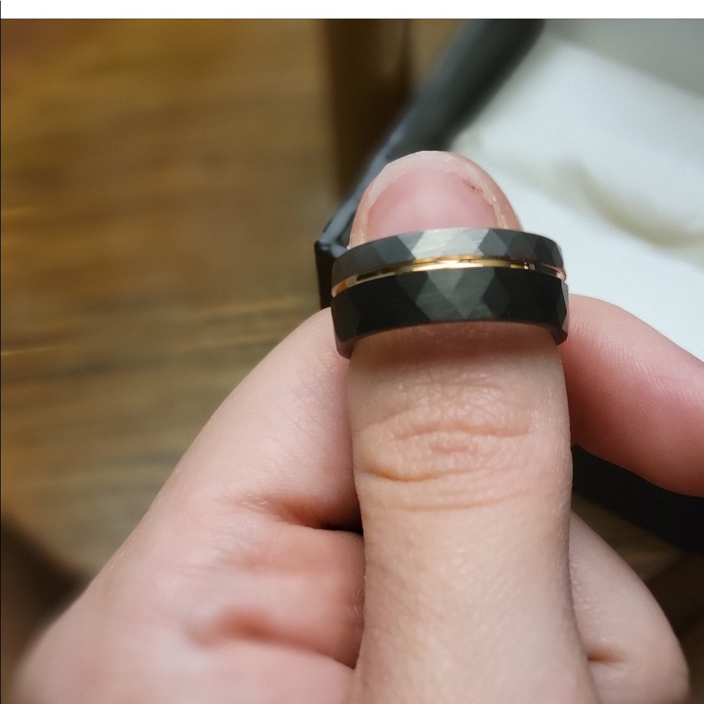 Hammered Tungsten Men’s Wedding Ring (Black, Silver, & Rose Gold Accent) - Picture 11 of 11